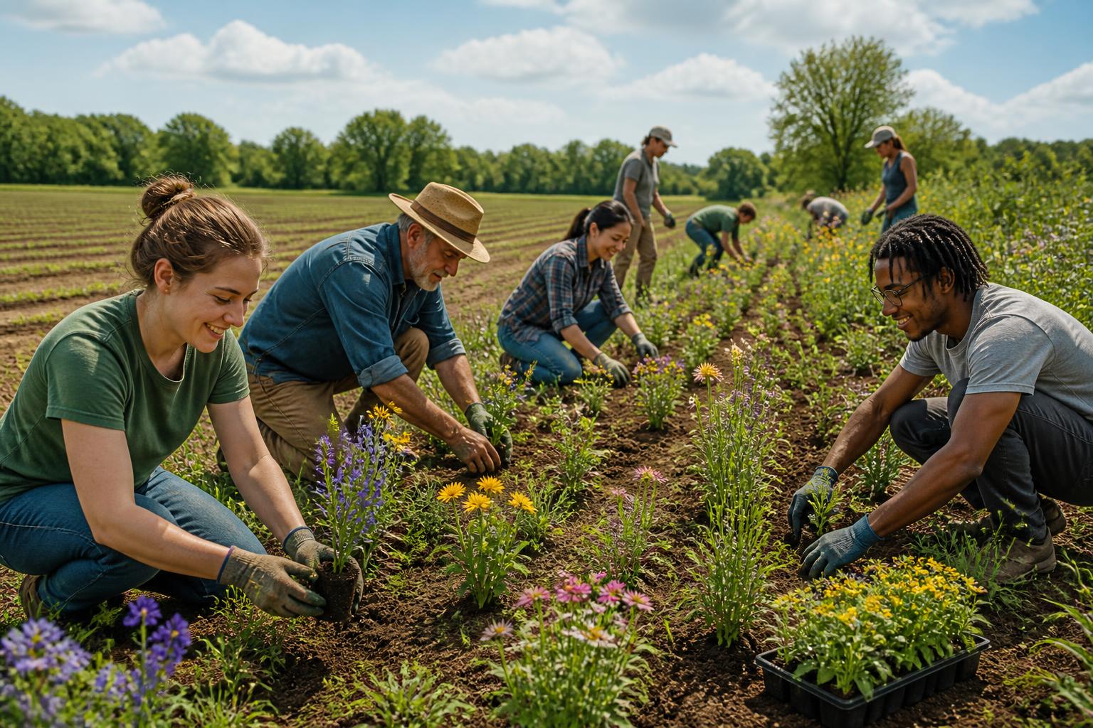 Farmers planting a pollinator forage corridor
