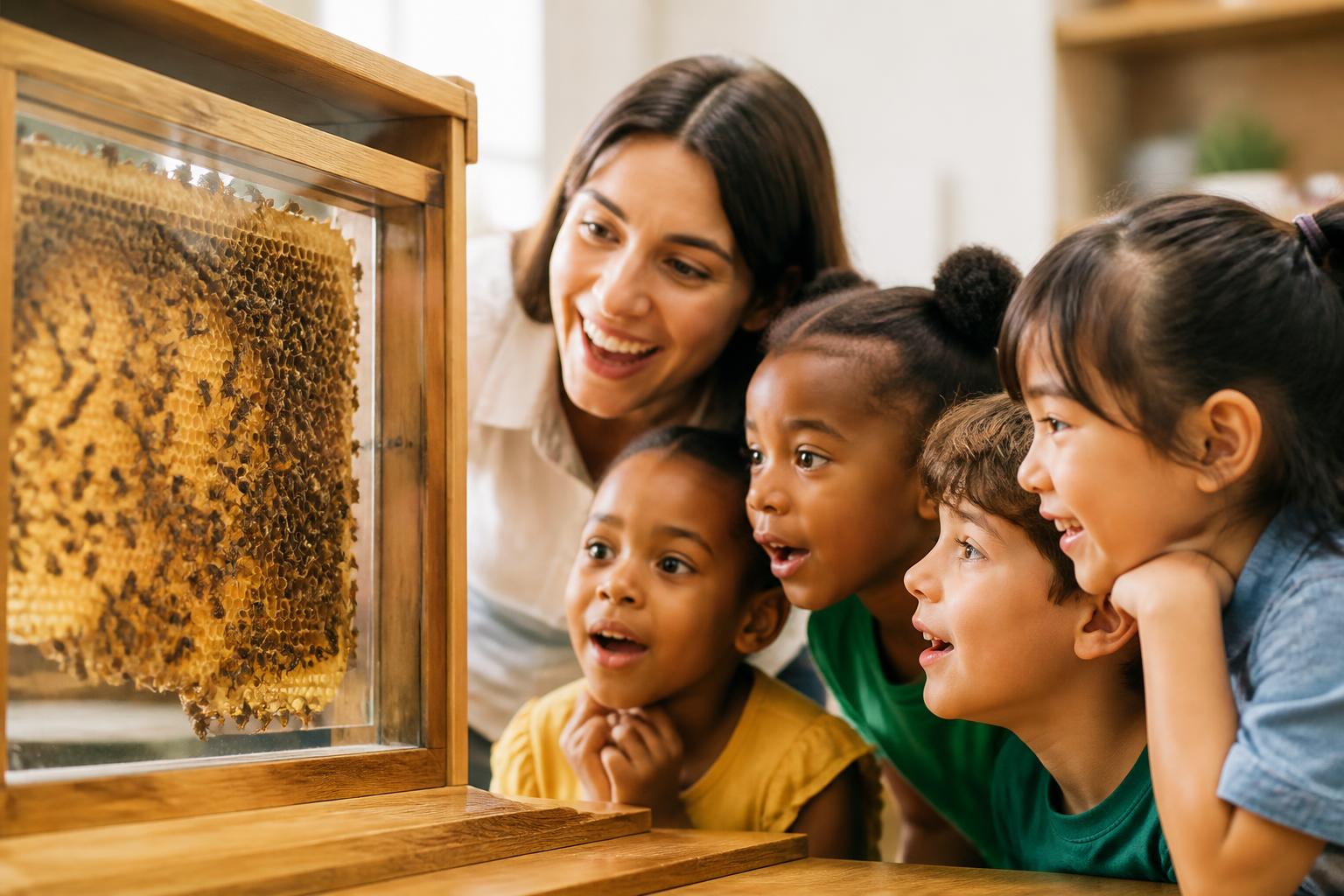 Children observing a glass observation beehive