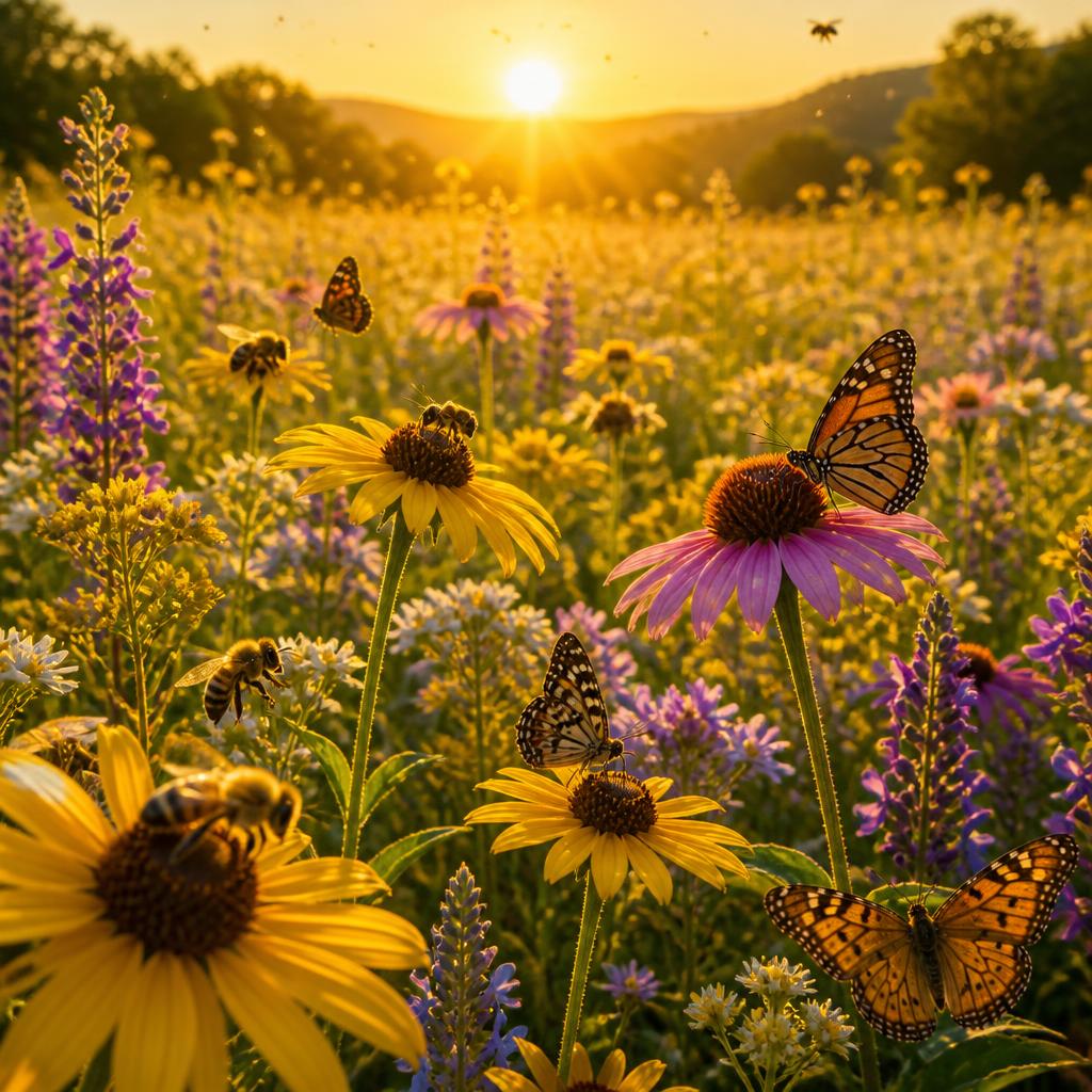 A wildflower meadow humming with pollinators